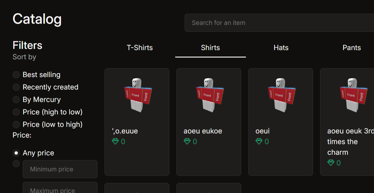Screenshot of Mercury catalog page